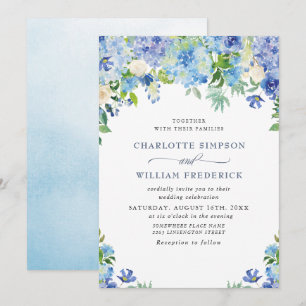 Invitation Elégante aquarelle bleu Hydrangea Mariage floral
