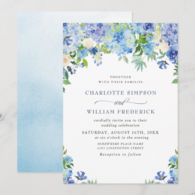 Invitation Elégante aquarelle bleu Hydrangea Mariage floral (Devant / Derrière)