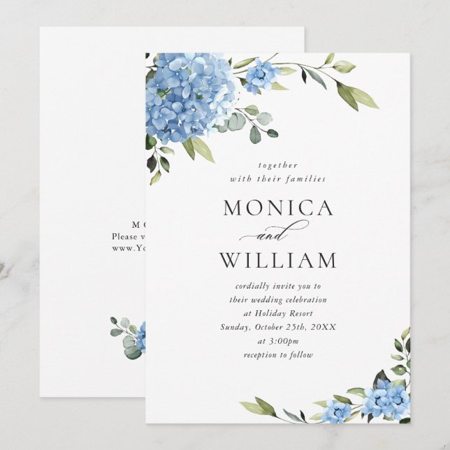 Invitation Elégante aquarelle bleu Hydrangea Mariage floral (Devant / Derrière)