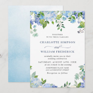 Invitation Elégante aquarelle bleu Hydrangea Mariage floral