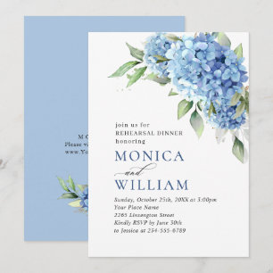 Invitation Elégante aquarelle bleu Hydrangea REHEARSAL DÎNER