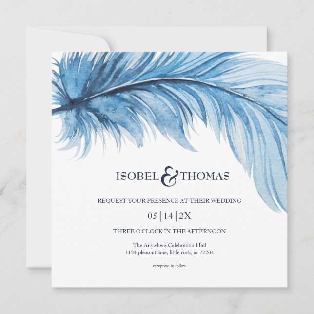 Invitation Elégante aquarelle bleu marine Mariage de plume (Devant)