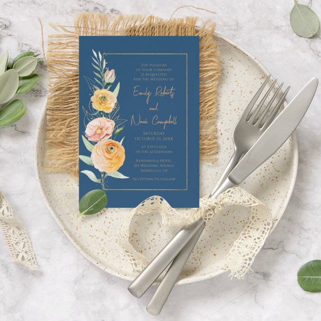 Invitation Elégante Aquarelle bleu orange moderne Floral (Créateur téléchargé)