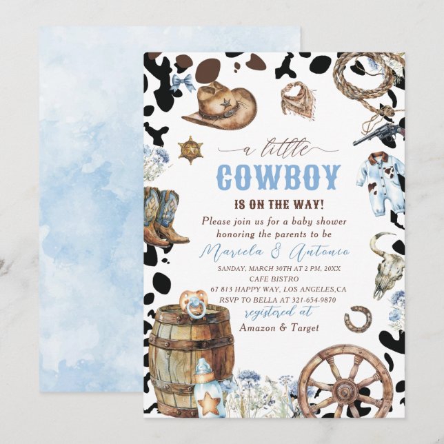Invitation Elégante aquarelle bleu petit Baby shower Cowboy (Devant / Derrière)