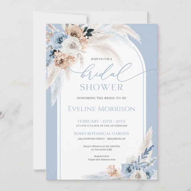 Invitation Elégante aquarelle bleu poussiéreux fleurs de terr (Devant)