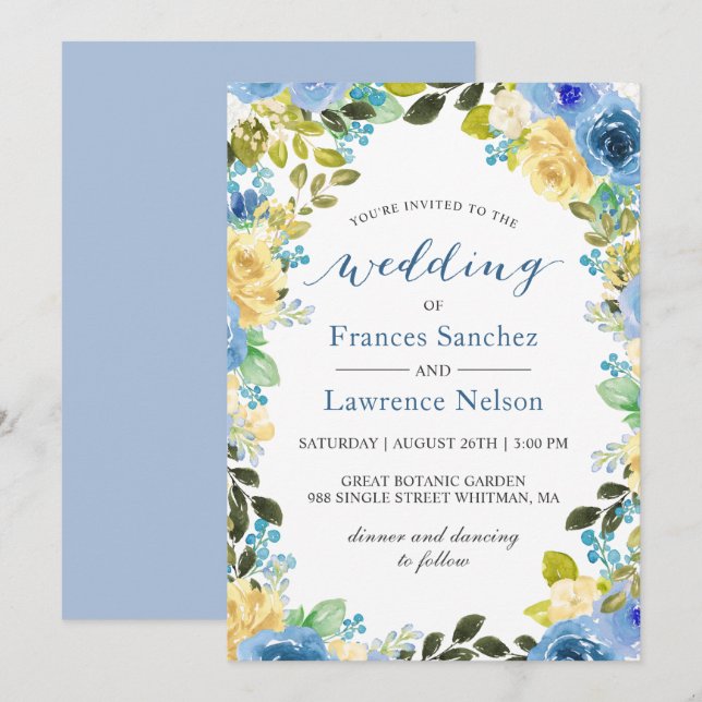 Invitation Elégante aquarelle bleu rose jaune jardin mariage (Devant / Derrière)