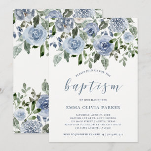Invitation Elégante aquarelle bleue  Baptême
