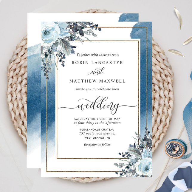 Invitation Elégante aquarelle bleue et Mariage bleu floral (Créateur téléchargé)