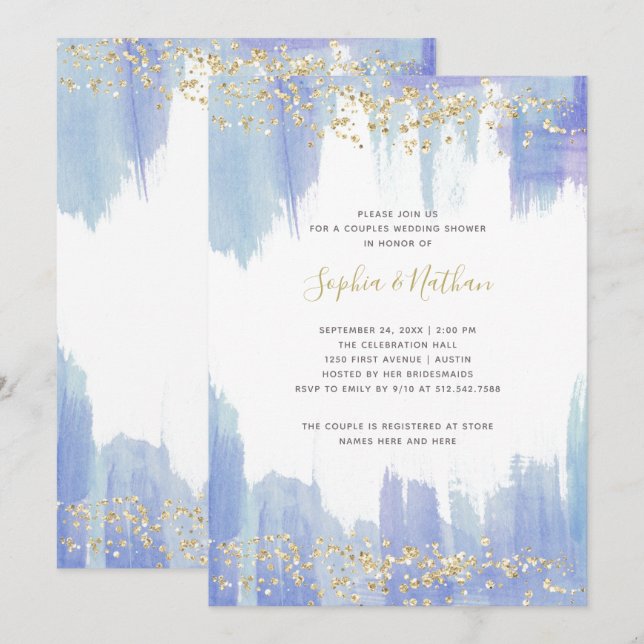 Invitation Elégante aquarelle bleue et or | Douche Couples (Devant / Derrière)