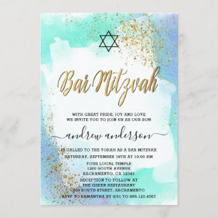 Invitation Elégante Aquarelle Bleue Et Or Mitzvah