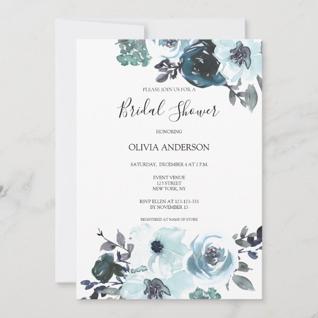 Invitation Elégante aquarelle bleue Fête des mariées florale (Devant)