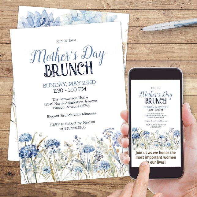 Invitation Elégante Aquarelle Bleue Floral Fête des Mères Bru (Elegant Blue Wildflowers Watercolor Flower and Butterfly Mother's Day Brunch Invitation)