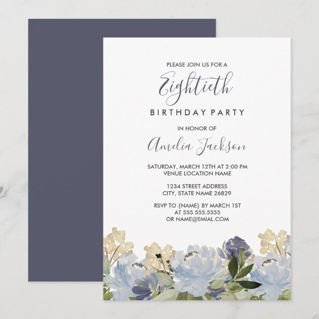 Invitation Elégante aquarelle bleue florale 80e anniversaire (Devant / Derrière)