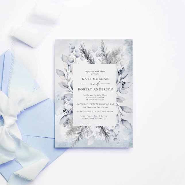 Invitation Elégante aquarelle bleue Hiver Floral Mariage (Créateur téléchargé)
