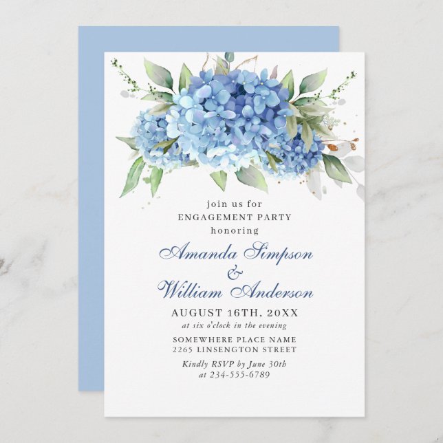 Invitation Elégante aquarelle Blue Hydrangea ENGAGEMENT PARTI (Devant / Derrière)