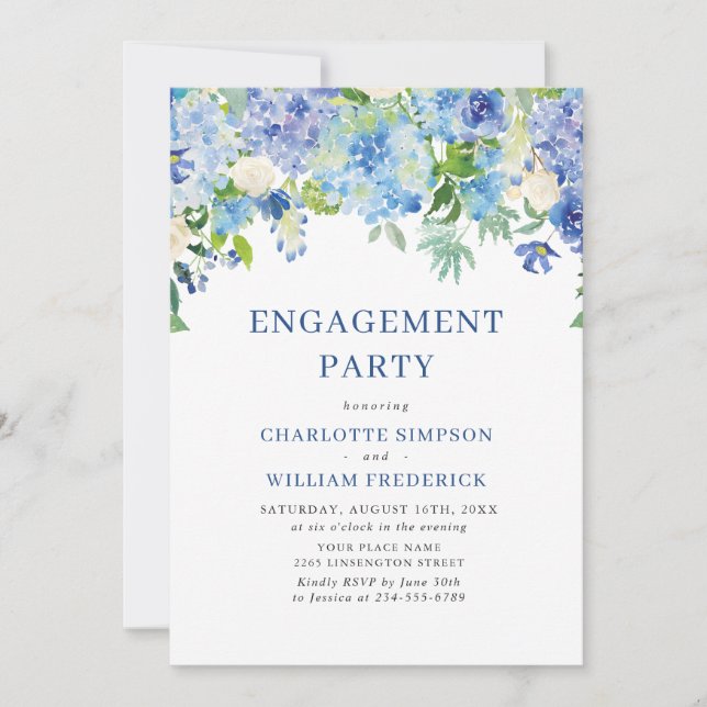 Invitation Elégante aquarelle Blue Hydrangea ENGAGEMENT PARTI (Devant)