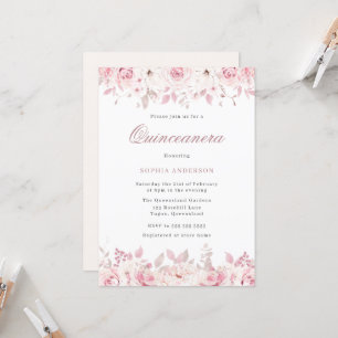 Invitation Elégante aquarelle Blush Floral Rose Quinceanera