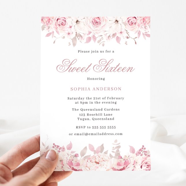 Invitation Elégante Aquarelle Blush Floral Rose Sweet 16 (Créateur téléchargé)