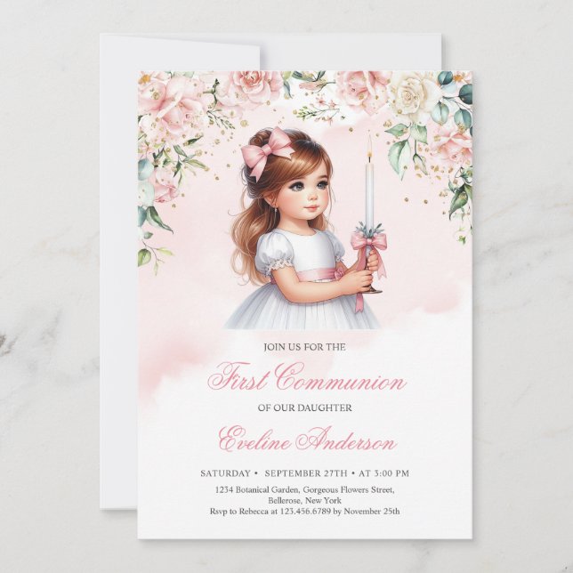 Invitation Elégante aquarelle blush floral wreath fille migno (Devant)