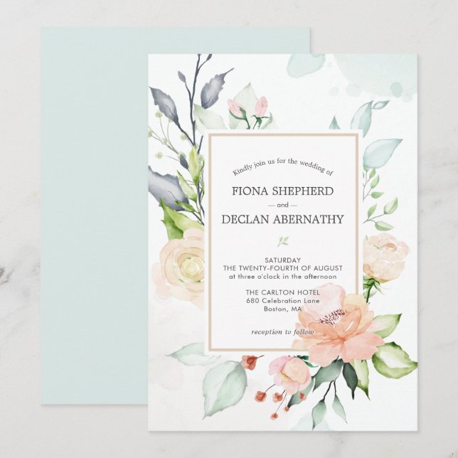 Invitation Elégante aquarelle Blush Rose Floral Mariage Invit (Devant / Derrière)
