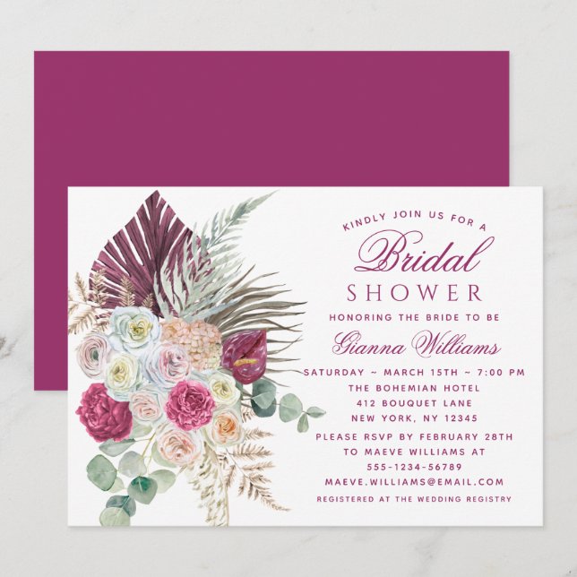 Invitation Elégante aquarelle Boho Fête des mariées florale (Devant / Derrière)