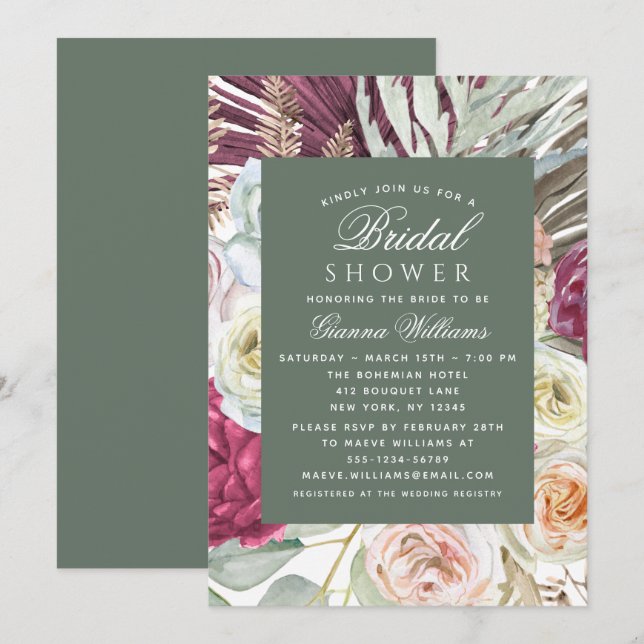 Invitation Elégante aquarelle Boho Fête des mariées florale (Devant / Derrière)