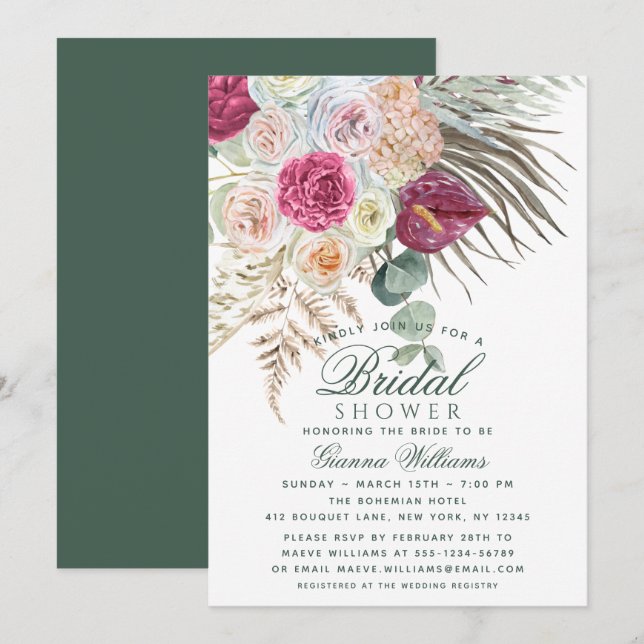Invitation Elégante aquarelle Boho Fête des mariées florale (Devant / Derrière)
