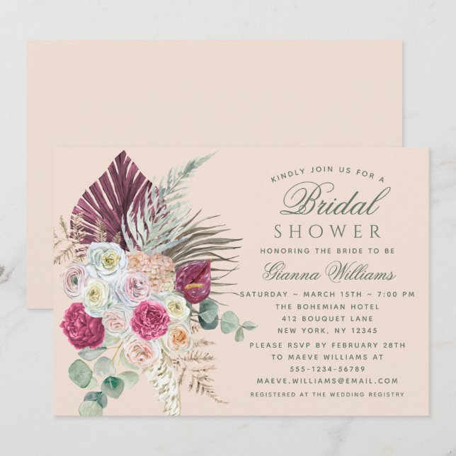 Invitation Elégante aquarelle Boho Fête des mariées florale (Devant / Derrière)