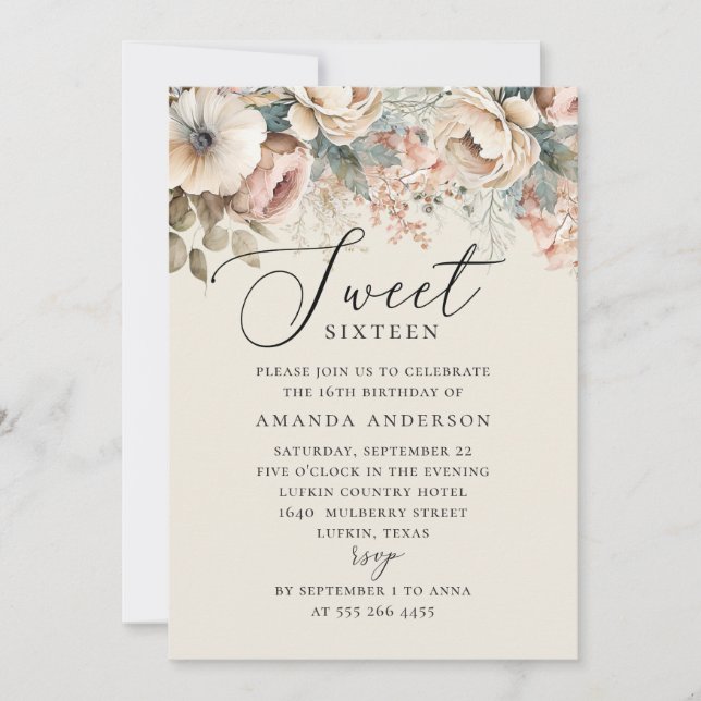 Invitation Elégante aquarelle boho floral Sweet 16 anniversai (Devant)