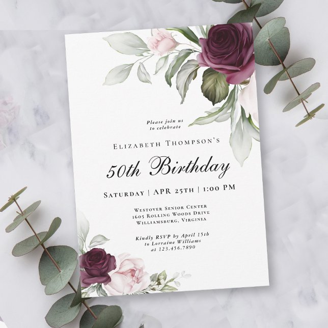 Invitation Elégante aquarelle botanique 50e anniversaire (An elegant invitation for celebrating an important milestone birthday!)