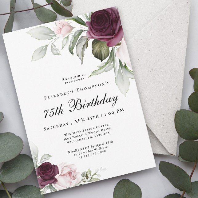 Invitation Elégante aquarelle botanique 75e anniversaire (Stylish and feminine, this invitation is available as printed or digital download!)
