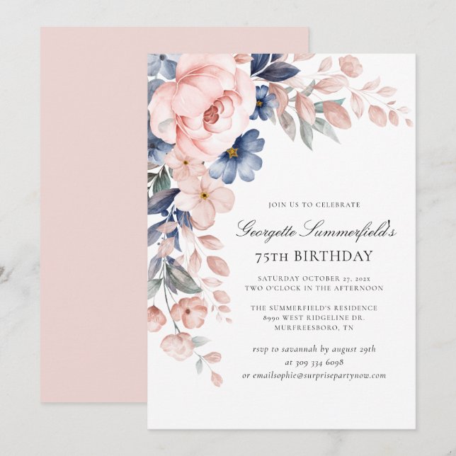 Invitation Elégante aquarelle botanique 75e anniversaire (Devant / Derrière)