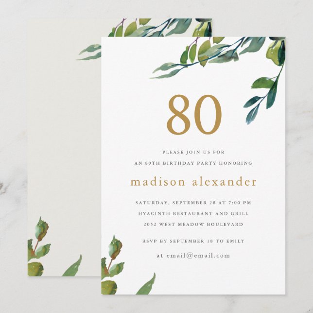 Invitation Elégante aquarelle Botanique 80e anniversaire (Devant / Derrière)