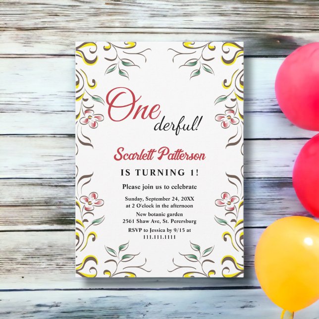 Invitation Elégante aquarelle botanique Florale 1er anniversa (Créateur téléchargé)