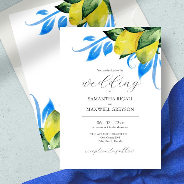 Invitation Elégante aquarelle Botanique Lemon Méditerranée (Italian wedding invitation yellow and blue watercolor lemons)
