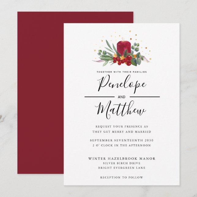 Invitation Elégante aquarelle bougie rustique Mariage de Noël (Devant / Derrière)