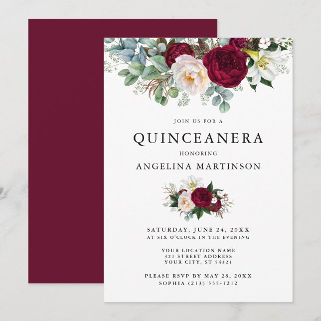 Invitation Elégante aquarelle Bourgogne Florale Quinceanera (Devant / Derrière)