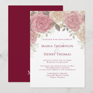 Invitation Elégante Aquarelle Bourgogne Florale Rose Or