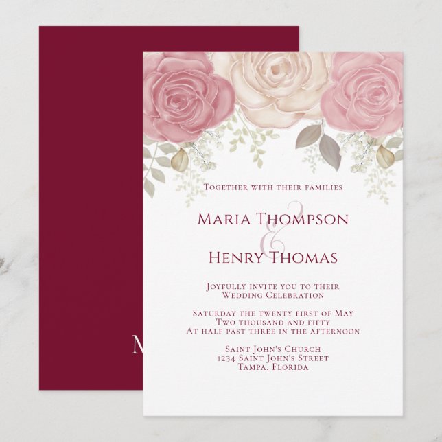 Invitation Elégante Aquarelle Bourgogne Florale Rose Or (Devant / Derrière)