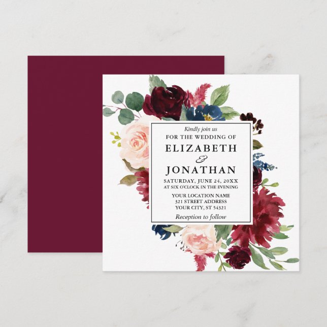 Invitation Elégante aquarelle Bourgogne Mariage (Devant / Derrière)