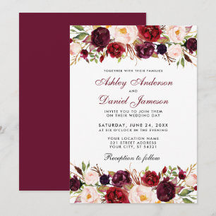 Invitation Elégante aquarelle Bourgogne Mariage floral