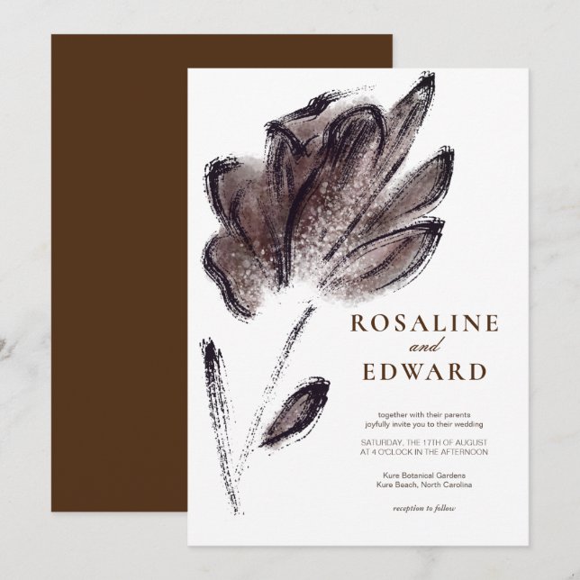Invitation Elégante aquarelle Brown Mariage floral (Devant / Derrière)
