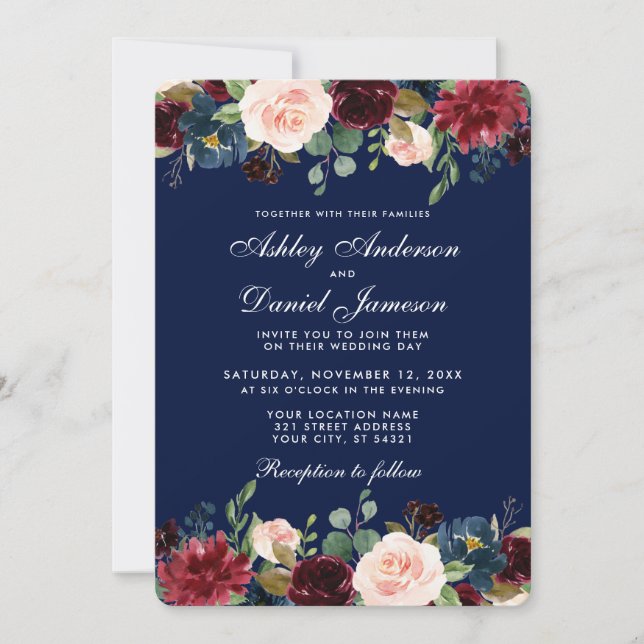 Invitation Elégante aquarelle Burgundy Blue Floral Mariage (Devant)