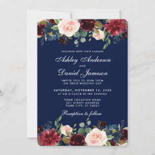 Invitation Elégante aquarelle Burgundy Blue Floral Mariage