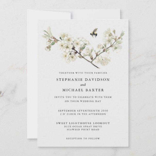 Invitation Elégante aquarelle Cerisier Fleur d'Abeille verte (Devant)