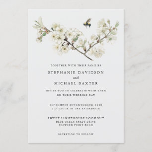 Invitation Elégante aquarelle Cerisier Fleur d'Abeille verte