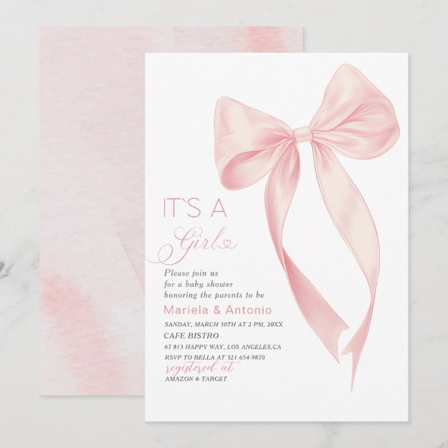Invitation Elégante Aquarelle Coquette Rose Bow Girl Baby Sh (Devant / Derrière)
