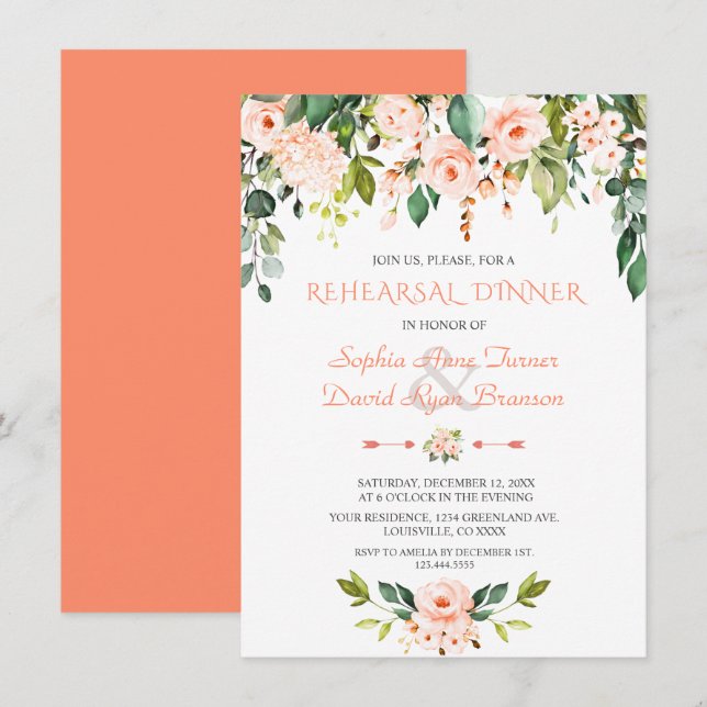 Invitation Elégante aquarelle Coral Fleurs de répétition Dîne (Devant / Derrière)