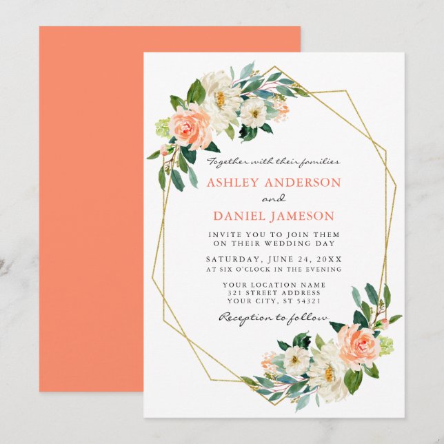 Invitation Elégante aquarelle Coral Floral Gold Frame (Devant / Derrière)