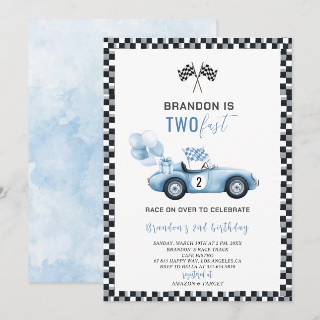 Invitation Elégante aquarelle course voiture 2e fête d'annive (Devant / Derrière)
